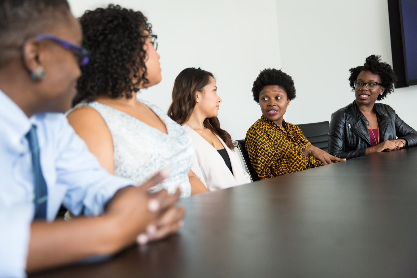 A business team collaborating around a customer conversation